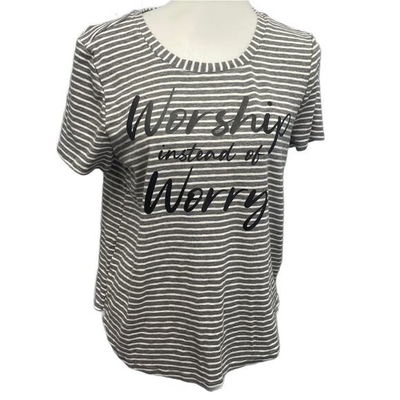 Hand Printed Upcycled Womens Large Worship Instead of Worry Striped Tee Shirt - Picture 1 of 5